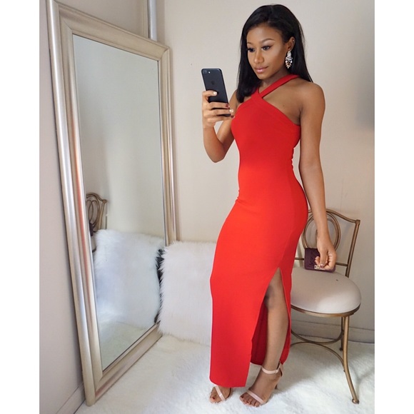 red bodycon maxi dress with thigh split
